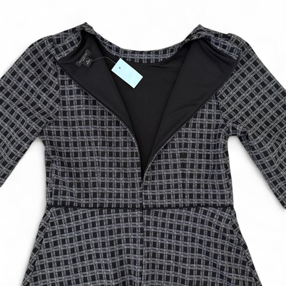 Ann Taylor Black Plaid Mock Neck Long Sleeve Lined Fit & Flare Dress - Size 8P - Picture 7 of 8